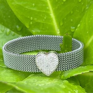 Diamonique Sterling Silver Removable Heart Slide Chain Mesh Bangle bracelet